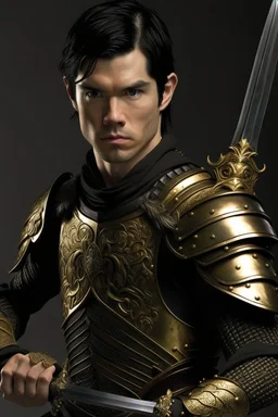 A handsome 30 year old man, black hair, male bob haircut, in black-and-gold plate armor, golden katana in both hands, no beard, european