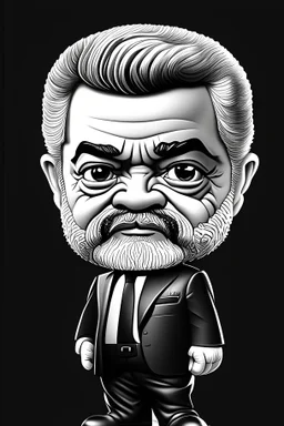 Caricatura chibi de Luis Ignacio Lula da Silva presidente de Brasil, serio, calidad ultra, hiperdetallado, color blanco, y negro, increíble obra de arte, formas y líneas estilizadas, full body