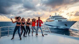 a group of young ladies and young men in sports pants and jacket are dancing to camera on deck of a small modern ship in oceion next to a passing huge ship,cloudy sun set sky