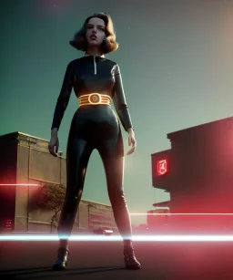 retro sci-fi portrait image from 1960, supermarket parking explosion, young Scarlett Johansson, classic black tight lycra latex suit, gold bracelet and belt, soft color, highly detailed, unreal engine 5, ray tracing, RTX, lumen lighting, ultra detail, volumetric lighting, 3d, finely drawn, high definition, high resolution.