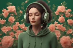 3D illustration of A woman with headphones on and a deep green background with flowers, illustration, smooth 3d digital art, exquisite thee-dimensional rendering, 4K, blender, c4d, octane render , disney style 3d light, Zbrush sculpt, concept art, Zbrush high detail, pinterest Creature Zbrush HD sculpt, neutral lighting, 8k detail