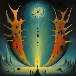 Absurd and horrific, clock hands replaced by a marching army, rule of thirds, by Yves Tanguy, by Oskar Fischinger, asymmetric surrealism, volumetric lighting, existential dread, colorful, dark colors, sharp focus, by Zdzislaw Beksinski,