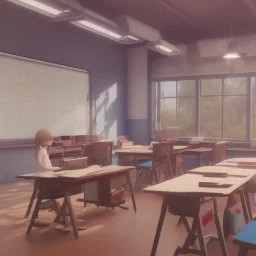 girl study classroom, unreal anime style, unreal engine 5 --ar 2:1