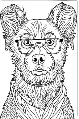 a beautiful dog with glasses. centered flat minimalistic black and white high contrast line drawing, coloring book style, {prompt}, (white sky, white clouds, white hair, white objects, white clothing, white fur, white skin, white terrain, white scales, white everything:1.1), blank white background