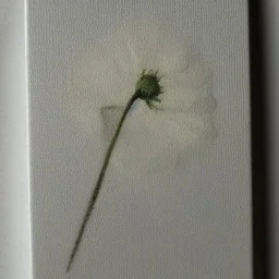 tiny oil painting of single long stem pressed flower, white canvas, ghostly, melancholy, tender, moody, vintage, delicate arrangement, beautiful composition, etsy, aesthetic layout, plain solid white background