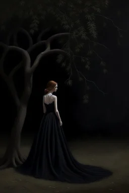 Wednesday in a low-cut black gown standing under a black tree, photorealistic, delicate detail.