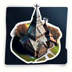 aerial view digital artwork of a stave church as a sticker