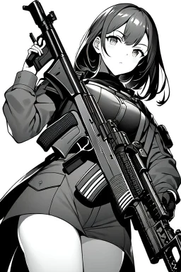 military girl takes out gun, greyscale