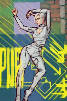 teen woman in retro-futurist cyberpunk costuming with pants and sheathed swords leaning to the side with shoulder against a brick pillar, background is brick with graffiti of a large arrow pointing to the right and text of the word "PUB" on lower left