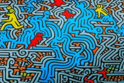 A light gray sky with geometric clouds painted by Keith Haring