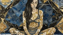 watercolor painting, A young, tan-skinned woman with long, dark hair wearing a gold, futuristic bodysuit with intricate patterns. She is sitting cross-legged in a meditative pose against a dark, starry background with geometric shapes and patterns, creative, detailed brush stroke, minimal spalsh