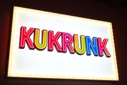 A 1980 disco sign labeled "KUKRUNK" white background and bold multi colored 80s font, miami vice