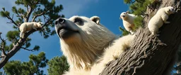 close up on member of giant polar bear sloth gremlin sheep flock climbing trees