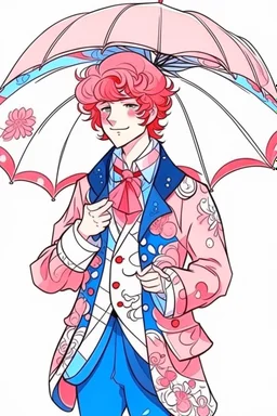 kind sailor, man, red slightly curly hair, long jacket, pink-azure clothes, pink-azure cocked hat, white floral pattern on the jacket, flower in the hair. Pink and blue umbrella.