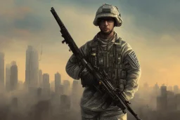 soldier holding weapon in front of a urban landscape