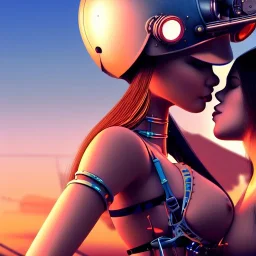 great illustrator, spanish, realistic rendering of a cute spanish girl kissing a beautiful cybergirl. beautiful, simmetric, steampunk style. Helmet with tubes. Girl with wings. Machinery in the background. Robotic bird flying. High details. 4k. unreal engine, sunset