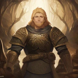 A nord male battlemage from Skyrim, full plate nordic armor, blond hair of medium length, hearty, smiling, thick short beard