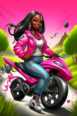 Create a digital airbrush cartoon of a curvy African American female wearing tight white jeans and a off the shoulder hot pink blouse. She is also wearing timberland boots. Prominent make up with hazel eyes. Highly detailed very long extremely braids of black hair. Her skin is smooth and silky. Background of a track of ATV riders.