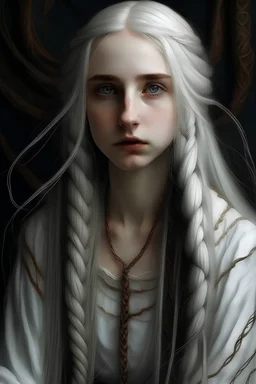 soft, intricate details, in form of very old beautiful girl, uncanny, long tube twisted white hair and twisted tube arms
