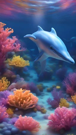 Kawaii, Cartoon, one cute proportionate dolphin in the ocean floor with bright colorful corals, All body, with sweet cute eyes, two fins and a perfect dolphin tail , blue and pink and yellow fluorescent lighting, Caricature, Realism, Beautiful, Delicate Shades, Lights, Intricate, CGI, Botanical Art, Animal Art, Art Decoration, Realism, 4K , Detailed drawing, Depth of field, Digital painting, Computer graphics, Raw photo, HDR