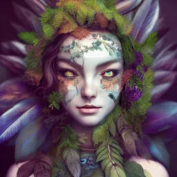 Portrait of beautiful girl, plant, metal, feathers, Dryad, fae, sidhe, ominous, nature, plants, wildflower, facepaint, dnd character portrait, intricate, oil on canvas, masterpiece, expert, insanely detailed, 4k resolution, retroanime style, cute big circular reflective eyes, cinematic smooth, intricate detail , soft smooth lighting, soft pastel colors, painted Renaissance style, 800mm lens