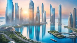 stunning panoramic view of an Amazing futuristic asian cyber city on a biomechanical tall island, azure blue sea, skyline suring Sunset , reflections, high detailed, sharp focus, best shot