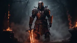 a warrior in a rusty armor with bones sticking out of his chest. his eyes are made of embers surrounded by smoke. he is fighting a demon. dark horror setting. terrifying horror backgrund. blood, guts, gore. visceral.