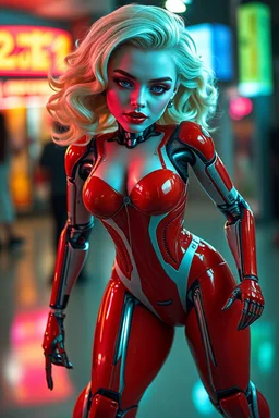 A hyper-realistic photo, beautiful marilyn monroe,red , futuristic ,robot, cyberpunk,two legs, full size, HOF, captured with professional DSLR camera ,8k, ultra detailed, colourful