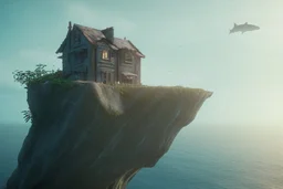 house on top of a cliff with shark sticking out of the side of the house like an impossible fate