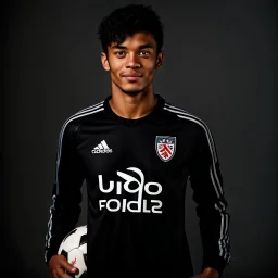 85mm DSLR color photography of a very detailed headshot fitting all of head and hair in frame. 20-year-old English soccer player, with black hair color and with small facial hair and is black with a small smile, grey background