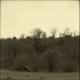 A landscape, odd black and white old photo, dystopic atmosphere, trees, some odd houses, George Grosz