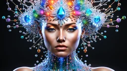 3D rendering of Expressively detailed and intricate of a hyperrealistic “human figurine”: shinning crystal, molecules, glossy skin, neon rainbow, side view, scientific, single object, black background, cosmic fractals, octane render, 8k post-production, dendritic, artstation: award-winning: professional portrait: atmospheric: commanding: fantastical: clarity: 16k: ultra quality: striking: brilliance: stunning colors: amazing depth