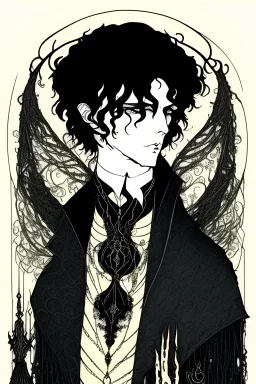 black haired young man necromancer wizard with gothic jewelry and tentacle fingers in the style of Harry Clarke