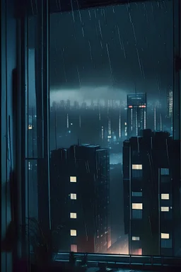 Dystopian Future, Apartment Building, Small Living Room, Window, Fully Closed Window Blinds, Looking Outside, Dense Skyline, Mega City, Midnight, Raining, Dense Clouds, Raining, Rain Hitting Window,