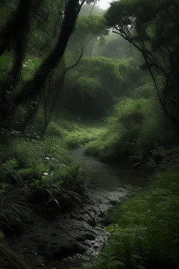 dark and tranquil bosque with much flora and rain