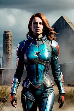 ultrarealistic, ruined city,__mass effect armor__, __angles__, 19 year old woman, strikingly beautiful, ginger hair, silver colour, [__starlets__|__starlets__], (pale __skincolor__ skin:1.2), __camera__, _hair_, detailed face and eyes, medium breasts, leather choker, freckles, dynamic pose, resolved expression, __accessory__, strappy outfit, (straps:1.1), sword in scabard on left hip, (buckles, buttons, snaps, rings:1.0), haltertop style breastplate, detailed eyes, plump lips, sci-fi theme