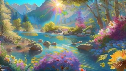 full light,highlight, trees, river, day, sun day, an idyliic forest with bright colorful flowers, mountains, sun,flower, a small river, paradise