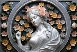 3d wall-statue A silver-haired statuesque woman with pastel flowers blooming around her head like a halo. She to be carved from a block of veined marble, showcasing an intricate and flawless design. Her enchanting delicate flowers, plants decorations surrounding her make this piece a perfect representation of artistry , mystic fantasy and elegance, hyperdetailed, masterpiece