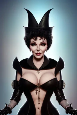 Joan Collins as evil queen in black leather, leather, busty, cleavage, angry, stern look. character design by cory loftis, fenghua zhong, ryohei hase, ismail inceoglu and ruan jia. unreal engine 5, artistic lighting, highly detailed, photorealistic, fantasy