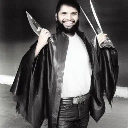 a young man wearing leather pants, a dirty mexico-themed poncho, bowl-cut haircut, light facial hair, full body shot, holding 2 daggers with a smile