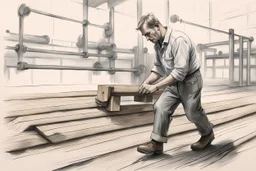 a man from sweden, very strong pushing a wooden along the floor in a factory, very basic sketch painting like the image i uploaded