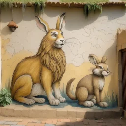 A rabbit and a lion on the wall