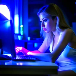 Capture the essence of a camgirl's first day on the job, where every heartbeat reverberates with nervous anticipation. Imagine her in a dimly lit room, the soft glow of a computer screen casting an ethereal light on her face. The air is thick with emotions as she sits in front of the camera, adjusting her hair and makeup, searching for the perfect angle. Her surroundings are filled with personal touches - a framed photo on the desk, a lucky charm hanging on the wall, and a plush chair that's bot