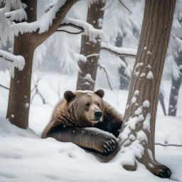 a bear relaxing behind a tree in snowy day