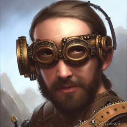 a _ fantasy _ style _ portrait _ painting _ of beautiful white male dwarf black hair short head smirk round face steampunk goggles rpg dnd oil _ painting _ unreal _ 5 _ daz. _ rpg _ portrait _ extremely _ detailed _ artgerm _ greg _ rutkowski _ greg