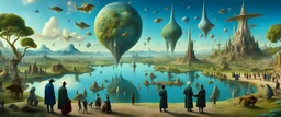 Salvador Dali and Hieronymus Bosch talking to each other at an outdoor surrealist market. A herd of dream-like sky-fish swim high in the far distant sky, with a beautiful surreal outdoor countryside summer scene with hills, waterfalls, and an intricate fractal sky, very high detail, photorealistic, epic cinematic, 8K, Large depth of field