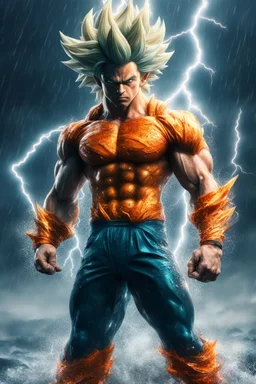 realistic 3d rendering of goku super saiyan fused aquaman, surrounded by lightning, big muscular, full body photography, hyperrealistic