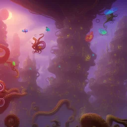 psychedelic giant octopuss and tiny flying butterflies and lost city in the background 3D mystic ambiance