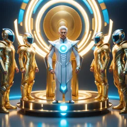 (masterpiece, best quality, 8k, RAW photo, beautiful and aesthetic:1.2), complex detail, Indirect light, photorealistic, (((full body))), Meeting of a group of caudcasian and asian cosmic male gods smiling, Mixed, sci-fi and cyborg outfit Tron like with golden futuristic artifacts, white, blue and silver elements- Inside a great room of a flying saucer with a round hublot showing a galactic sunset