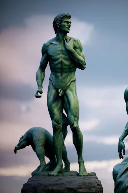 in a modern art display, two famous statues are next to each other, one is David and the other is the Discobulus statue. The discobulus hand covers the private part of David, they both look disgusted at each other